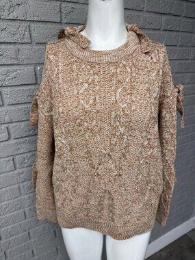 Project Naadam Cold Shoulder Cable Knit Tie-Knot Sweater Size S